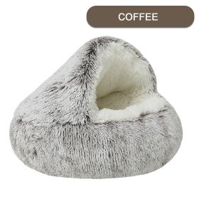 Luxurious Plush Round Cat Bed Cat Bed Round Soft Plush Burrowing Cave Hooded Cat Bed Donut For Dogs Cats - Semi-Enclosed For Cozy Warmth (Color: Coffee, size: 60cm)